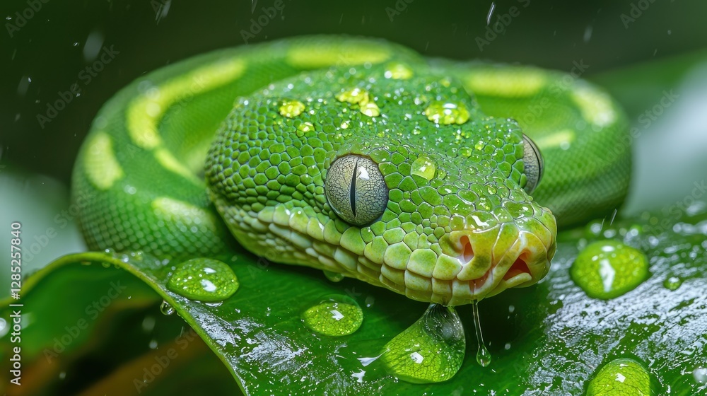 Poster Green Tree Python Resting On Dewy Leaf