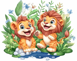 Fototapeta premium Two lion cubs playing near a pond, lush greenery background, children's book illustration
