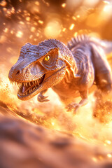 Obraz premium Tyrannosaurus Rex running, fiery background, prehistoric landscape, CGI illustration
