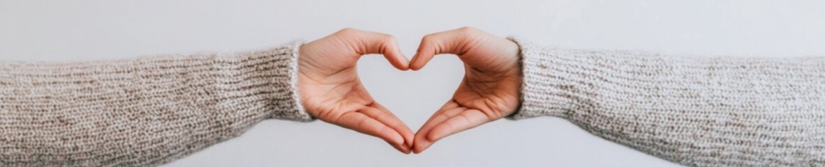 Obraz premium Cosy Heartwarming Gesture Soft Knit Sweater Clad Hands in Heart Shape - Authentic Self-Care Visuals for Lifestyle Branding and Personal Wellness Engagement