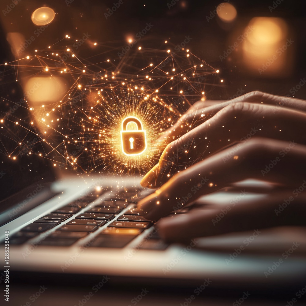 Poster cloud data encryption process a close up of a professionals hands typing digital security concept wi