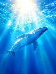 Naklejka premium Whale swimming ocean sunlight rays underwater peaceful