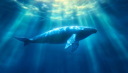 Whale swimming ocean sunlight underwater peaceful marine life