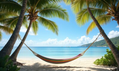 Colorful hammock between palm trees