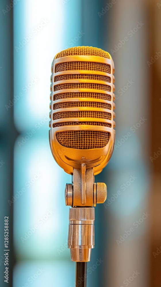 Poster retro microphone display vintage gold microphone in modern studio setting with acoustic panels - pre