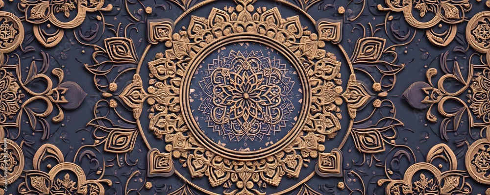 Poster intricate patterns of golden mandala designs on dark background