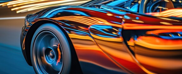 Obraz premium Dynamic Motion Capture of a Sleek Sports Car Reflecting Urban Lights in a Night Scene