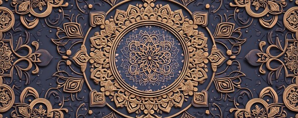 Intricate patterns of golden mandala designs on dark background