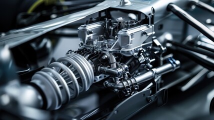 Fototapeta premium A detailed close-up view of engine mechanics showcasing intricate designs and precision components, reflecting the complexity of automotive technology.