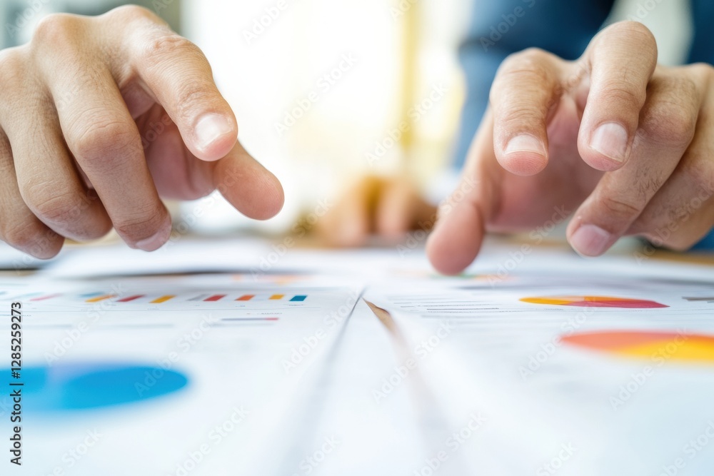 Poster dynamic corporate strategy visualization diverse hands engaging with analytical documents on sleek c