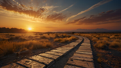 The path to the future. A sunset backdrop with a concept of early preparation, problem-solving, career path, business strategy, opportunity, and transformation.