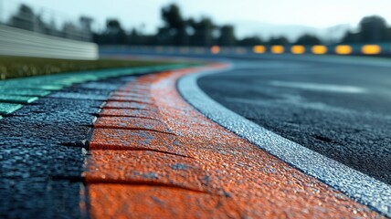 A close-up view of an empty F1 track showcasing vibrant curves and detailed texture. The smooth asphalt highlights the intricate design of the racing surface.