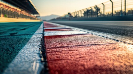 This close-up shot captures an empty F1 track at dawn, showcasing the vibrant colors and intricate details of the asphalt. Perfect for motorsport themes.