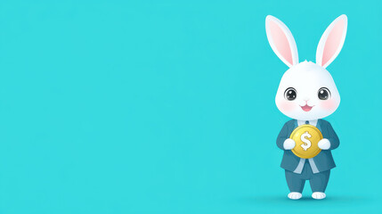 Obraz premium cute bunny in tiny suit holding coin against bright background