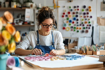 Fototapeta premium Paper artist creating delicate quilling art, curled strips forming an intricate floral design, meticulous handmade skill