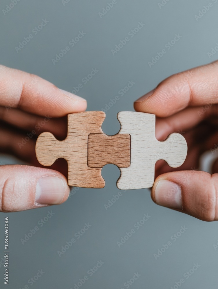 Poster modern business synergy hands passing wooden puzzle piece - dynamic innovation content and strategic