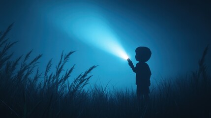 Child Exploring Mysterious Night with Flashlight in Foggy Field