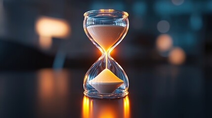 Close-up of a glowing hourglass on a dark table, symbolizing the passage of time in a serene setting