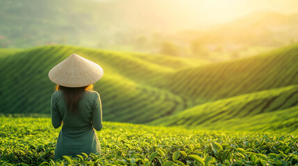 Fototapeta premium A woman harvests tea leaves in a lush green tea plantation on a hillside, symbolizing hard work, tradition, and connection to nature in rural Asia. The vibrant landscape reflects harmony and growth