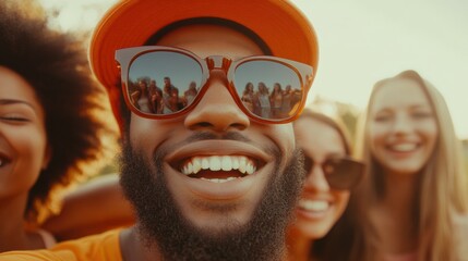 Vibrant Outdoor Selfie Diverse Young Adults Capturing Joy in Lush Natural Setting Perfect for Social Media Campaigns and Lifestyle Branding, Emphasizing Warmth and Connection