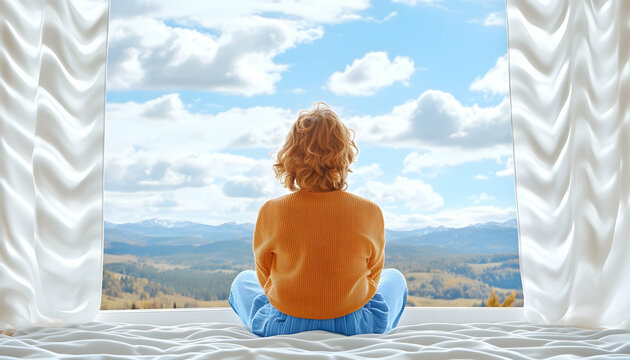 Woman meditating, mountain view, window seat, peaceful scene, travel blog