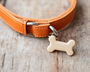 Rustic Pet Accessories Leather Collar with Bone-Shaped Metal Tag on Wooden Surface - Durable Identification Solutions for Modern Animal Care and Sustainable Style
