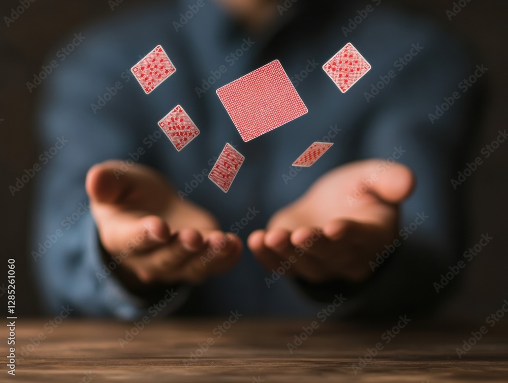 Poster dynamic illusion mastery gloved magician levitating cards in motion capture - entertainment content 