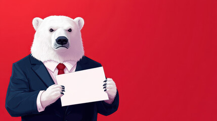 Obraz premium serious polar bear in suit holding blank sign against red background