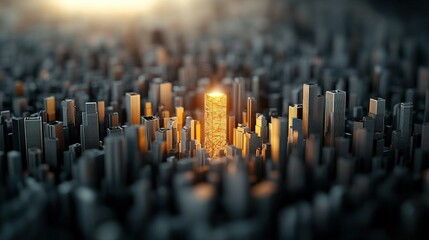 Skyscraper Forest with Golden Beacon, towering buildings, luminous gold structure, representing business excellence, innovation, market dominance