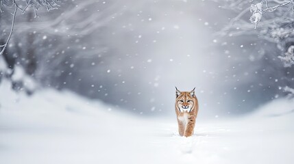 Lynx in Frosty Forest, solitary lynx traversing a snowy landscape, paw prints marking its path, embodying the essence of wilderness.