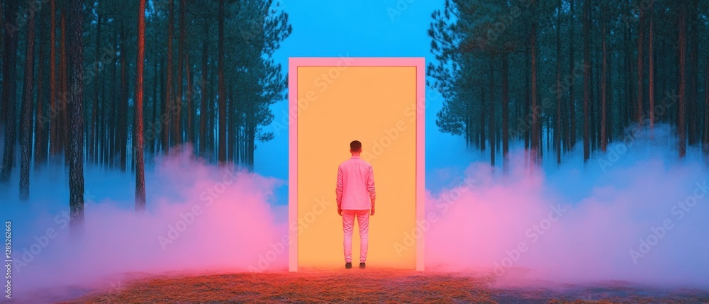 Poster neo-futuristic forest portal illuminated pathway through misty pines with fog - innovative visual co