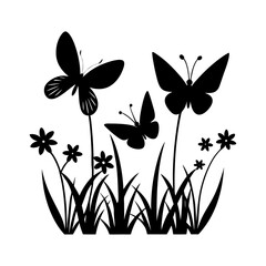 Vector silhouette of a butterfly sitting on black grass 