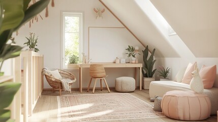 Charming Scandinavian-Inspired Playroom: A Dreamy Space with Cozy Seating, Playful Animal Figurines, and Soft Rugs for Modern Children - Ultra-Realistic 3D Illustration