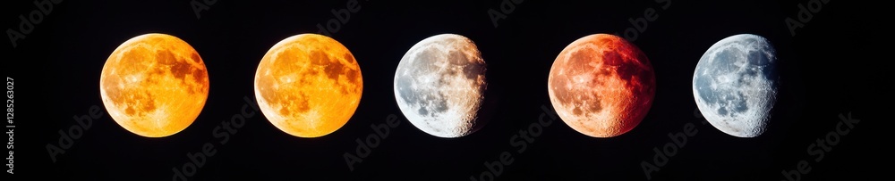 Poster Celestial Moon Transition Display Sequential Lunar Eclipse Phases with Starry Texture - Astronomical Event Showcase for Educational and Scientific Visualization