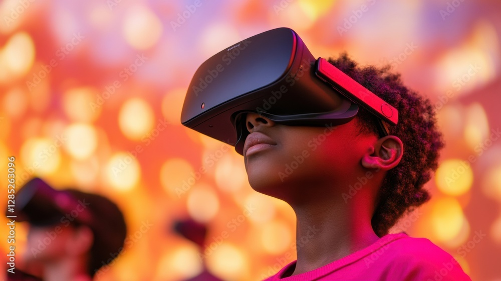 Poster futuristic vr immersion family tech experience with glossy headsets in ambient led environment - dyn
