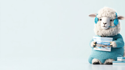 Fluffy sheep travel agent with headphones holding travel brochure