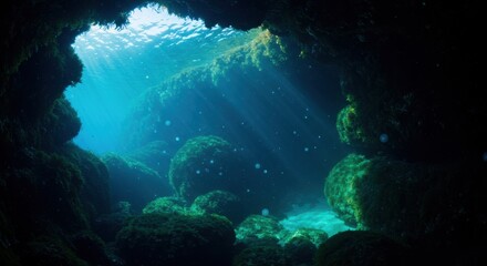 Underwater Cave with Sunlight Streaming Through Clear Blue Ocean Water
