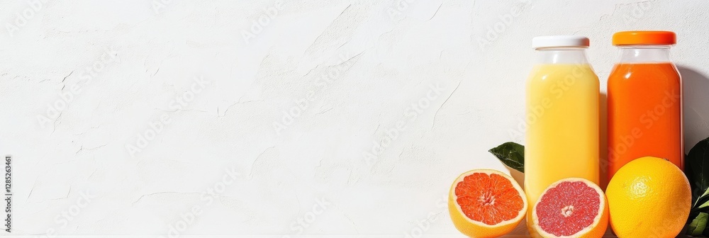 Aufkleber minimalist fresh juice display recycled glass bottles with citrus fruits on textured surface - moder