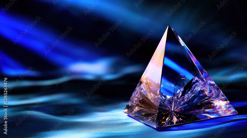 Wall mural crystal pyramid reflecting light on a serene blue background with soft waves, creating a tranquil at