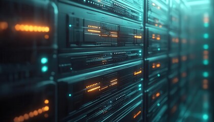 Fototapeta premium Cloud computing servers with glowing holographic data, sleek futuristic data center, soft ambient lighting, photorealistic