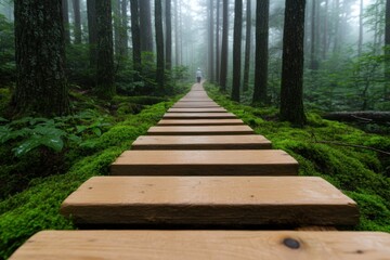 Nature-Inspired Wooden Pathway Amidst Misty Korean Forest - Sustainable Tourism Content and Mindfulness Retreat Branding with Tranquil Biophilic Aesthetic