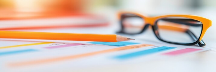 Colorful Workspace Design Bright Financial Documents, Vibrant Pencil, and Glasses Modern Business Planning for Dynamic Office Environments and Financial Consulting