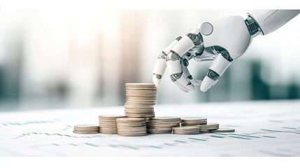 Robotic arm optimizing financial strategies through coin stacking and chart analysis, showcasing AI-driven growth in finance