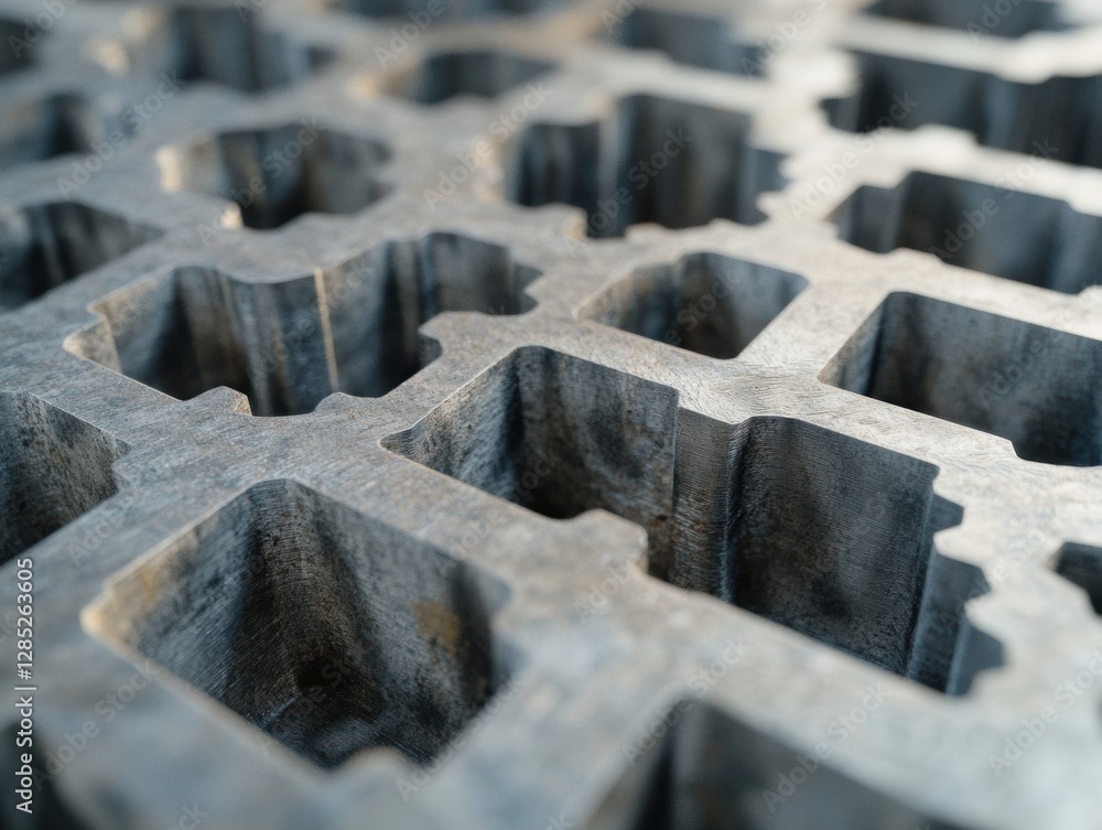 Poster modern industrial aesthetics precision-cut metal matrix on wooden surface - engineering synergy and 