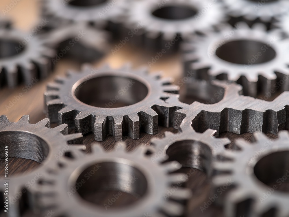 Poster industrial gear mechanics intricate metal components on rustic wood surfacecollaboration in manufact