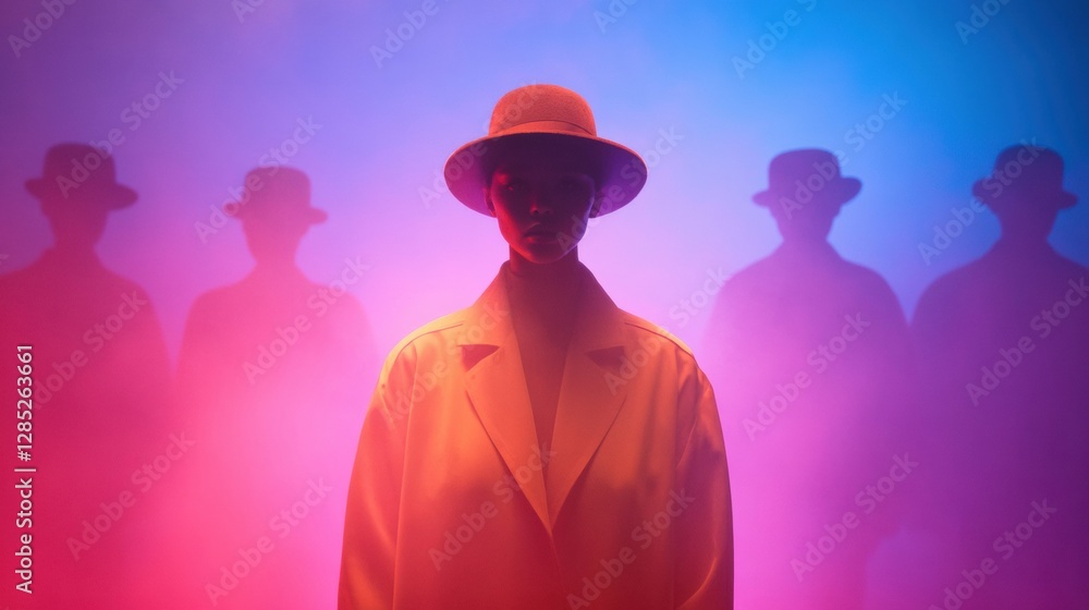 Poster modern surrealism in performance art 35-year-old stage artist in mirror maze with tinted light and s