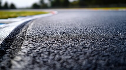 A close-up view of an empty F1 track section showcases the smooth, wet asphalt and intricate details of the racing surface, inviting a sense of speed and anticipation.