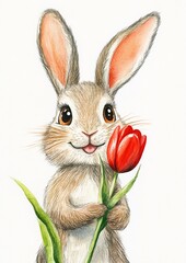 Fototapeta premium Adorable Cheerful Bunny Holding a Vibrant Red Tulip - Watercolor Illustration with Soft Fluffy Fur and Expressive Eyes on Clean White Background, Perfect for Spring and Easter Themes