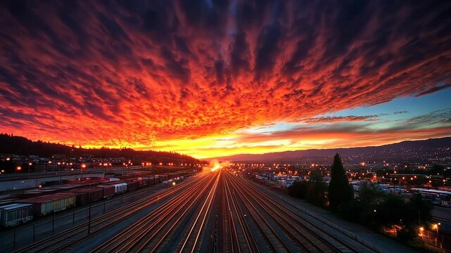 Vibrant sunset over a train yard with dramatic clouds during twilight in an urban landscape