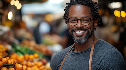 Fototapeta premium A friendly smiling Black man with glasses stands at his outdoor market stall, ready to help customers